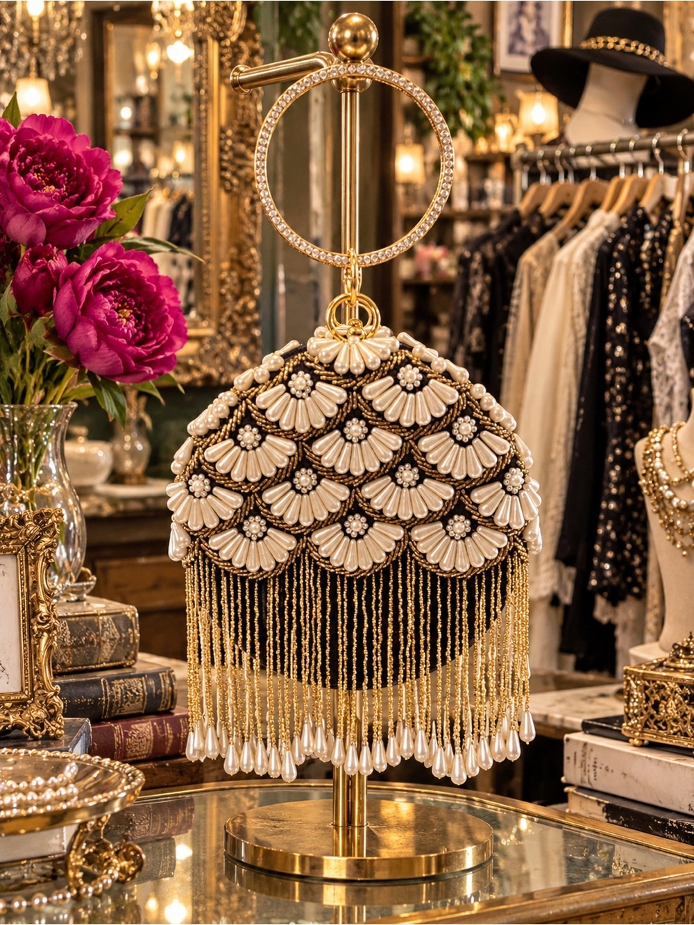Elegant Pearl-Embellished Black Evening Clutch NWT